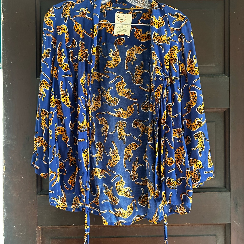 Anthropologie Blue Leopard-Print Open-Front Kimono